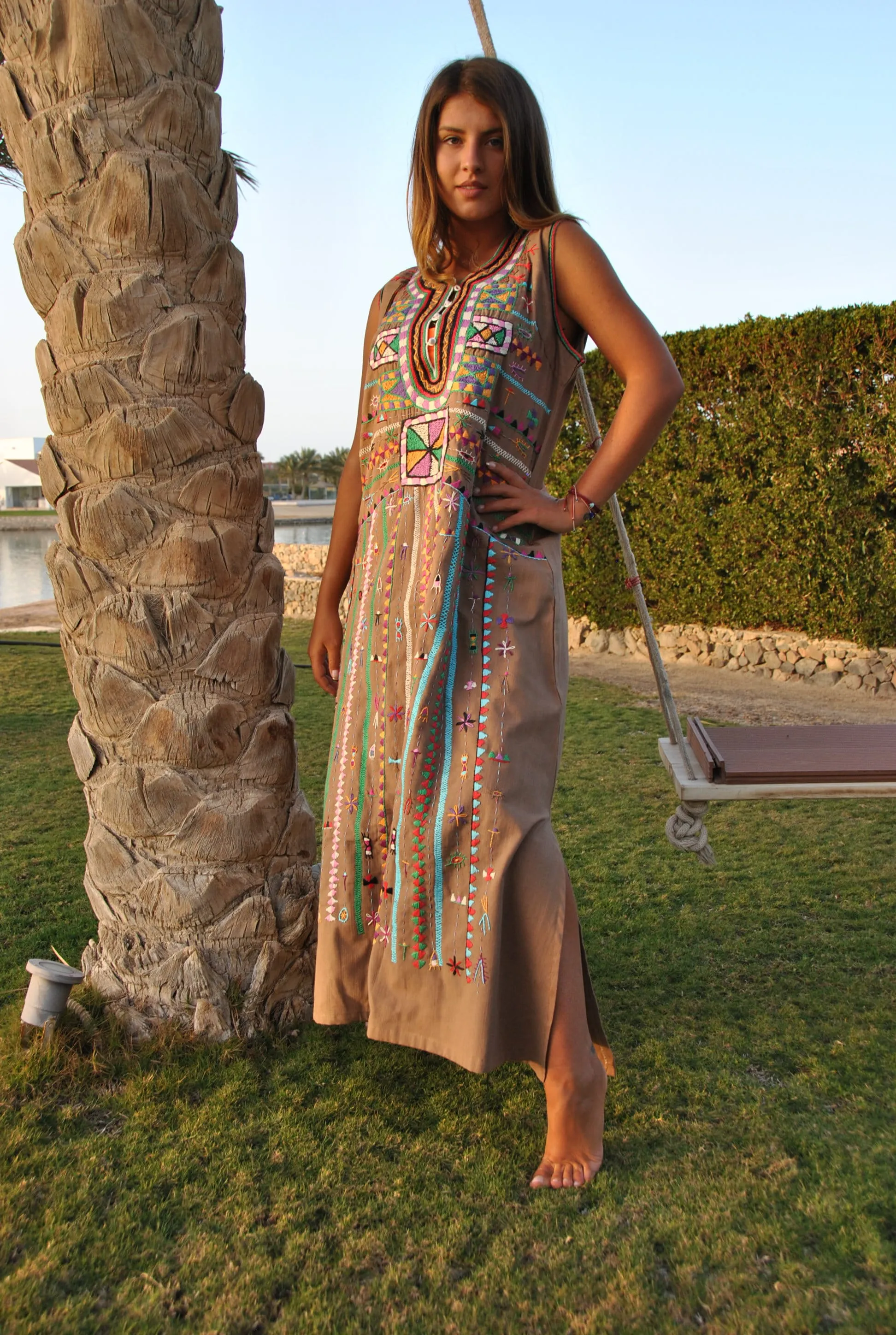 Brown siwa hand embroidered Kaftan dress, Egyptian cotton summer caftan, Resorts Caftan dress, colorful boho caftan, Cotton caftan dress