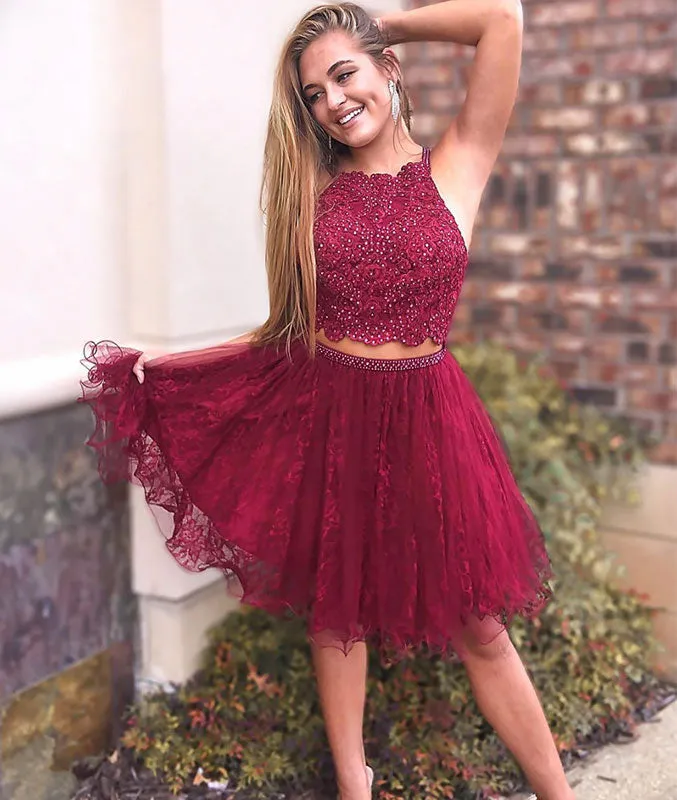 Burgundy lace two pieces short prom dress, burgundy lace homecoming dress