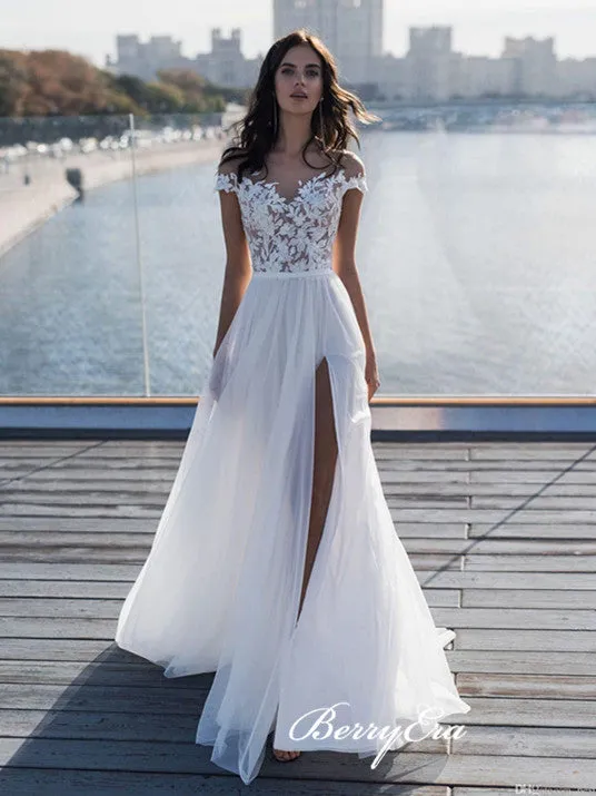 Cap Sleevels Lace Top A-line Side Slit Tulle Wedding Dresses