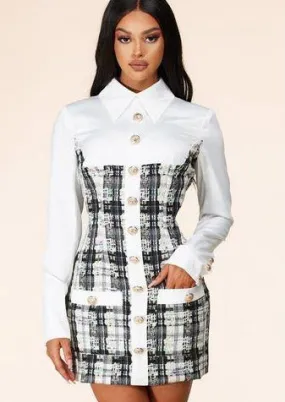 Caracas Collared Neckline Long Sleeve White Mini Dress