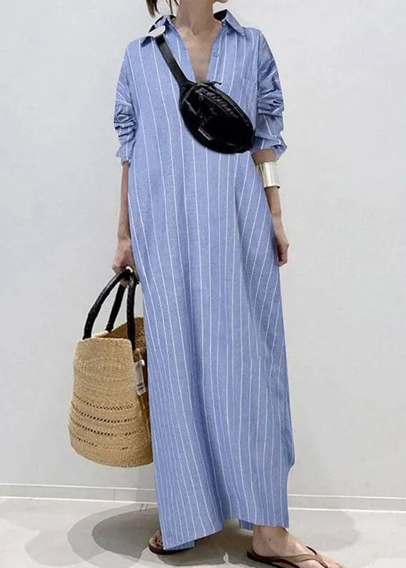 Casual White Peter Pan Collar Striped Maxi Shirts Dresses Long Sleeve VB1056