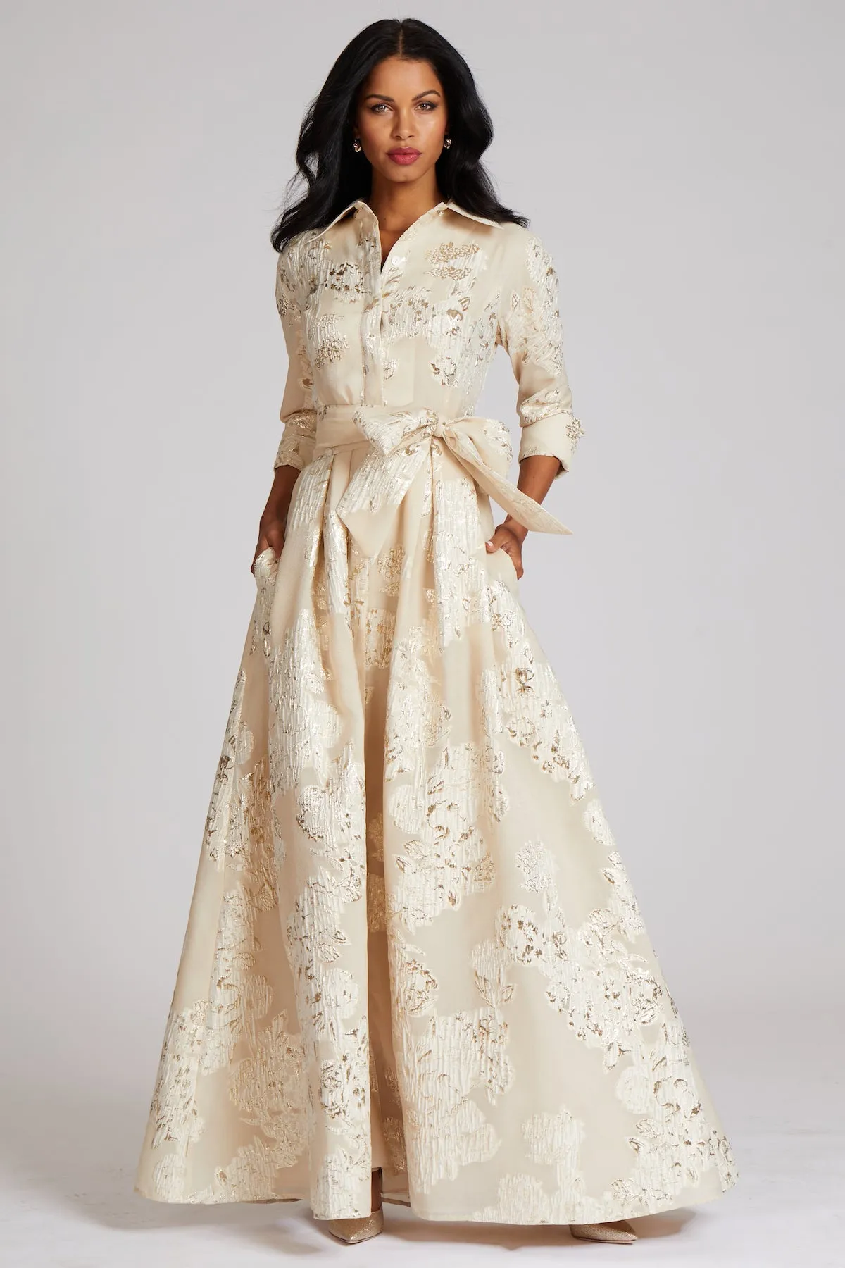 Champagne Jacquard Shirtdress Gown