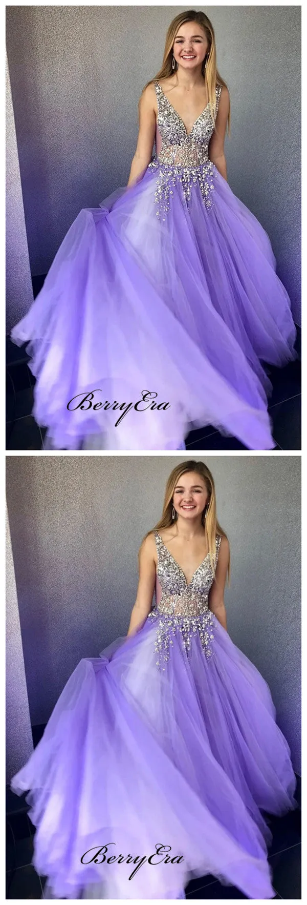 Charming Light Purple Prom Dresses, Tulle A-line Fancy Long Prom Dresses