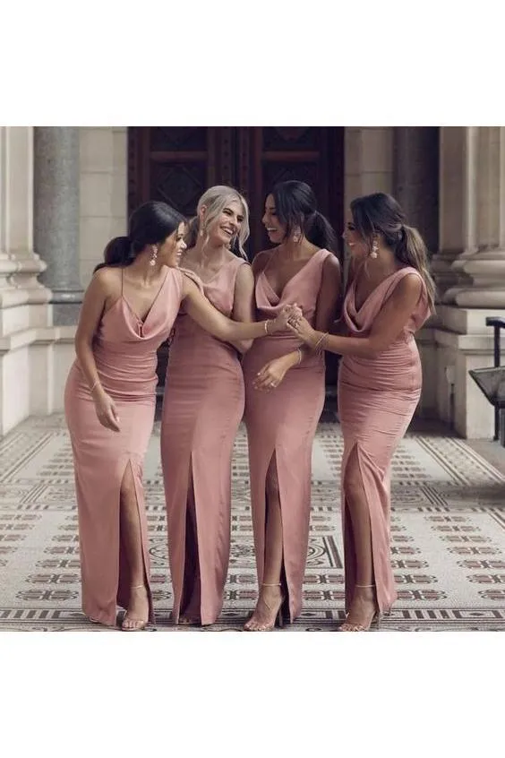 Charming Sheath V Neck Prom Dresses Slit Pink Long Bridesmaid Dresses