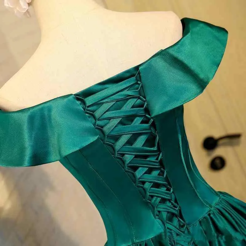 Chic Green Off the Shoulder Short Prom Dresses Lace up Satin Homecoming Dresses