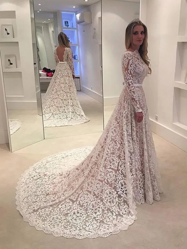 Chic Ivory Wedding Dress Lace Long Sleeve Wedding Dress #ER151