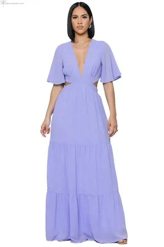 Chiffon Maxi Dress with Sleeves Deep V-neck