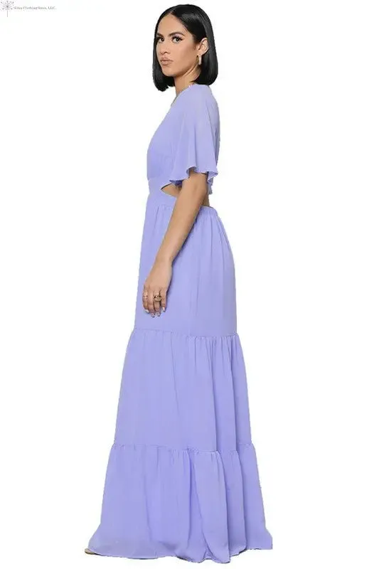 Chiffon Maxi Dress with Sleeves Deep V-neck