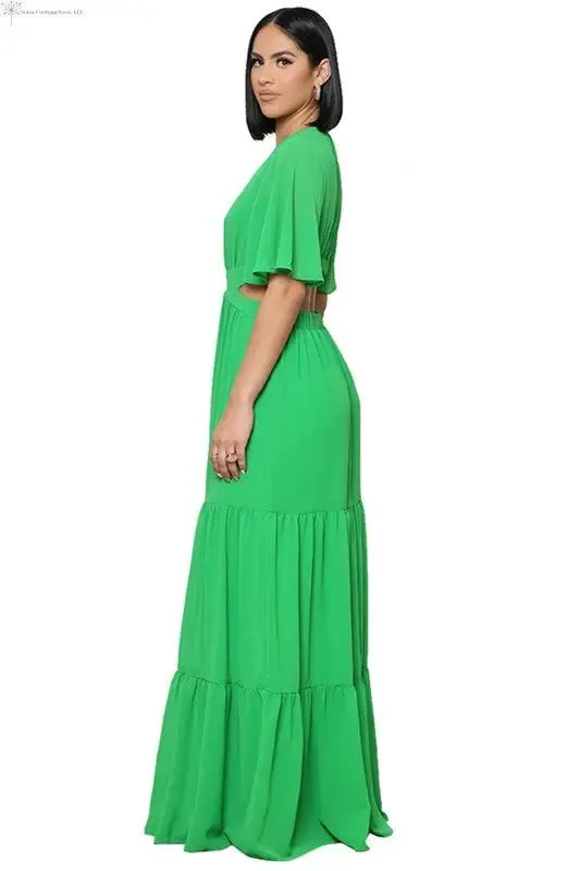 Chiffon Maxi Dress with Sleeves Deep V-neck