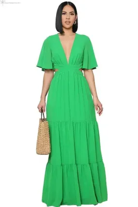 Chiffon Maxi Dress with Sleeves Deep V-neck