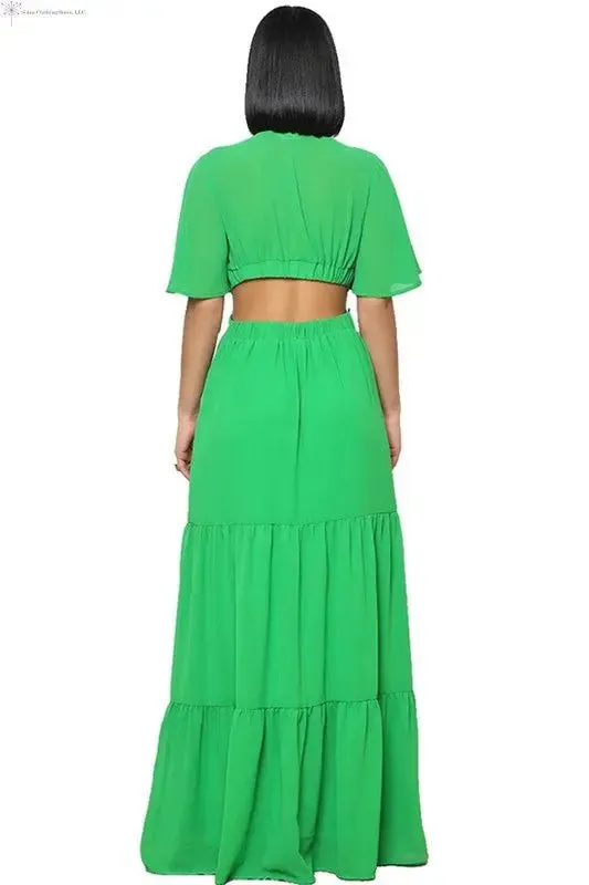 Chiffon Maxi Dress with Sleeves Deep V-neck