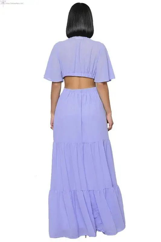 Chiffon Maxi Dress with Sleeves Deep V-neck