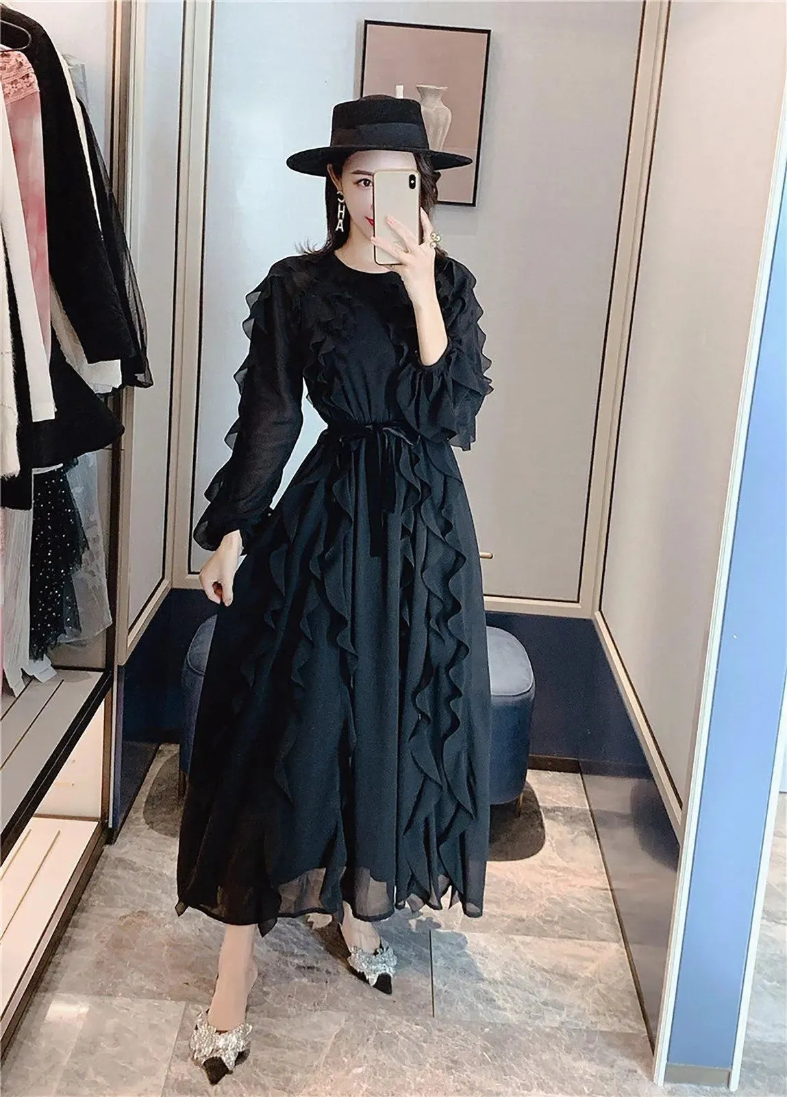 Chiffon Ruffled Long Sleeve Midi Dress