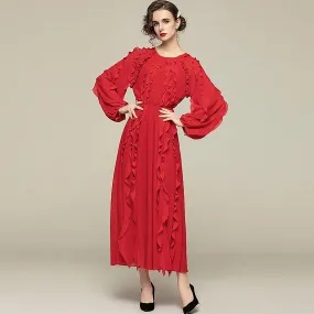 Chiffon Ruffled Long Sleeve Midi Dress