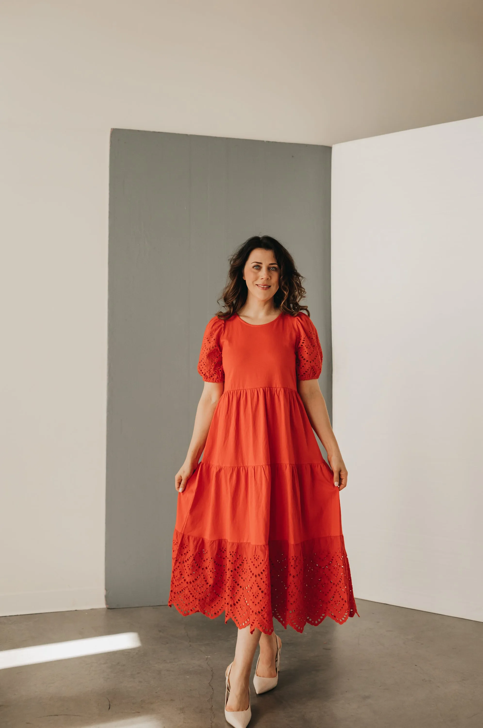 Cindy Eyelet Midi Dress in Candy Red