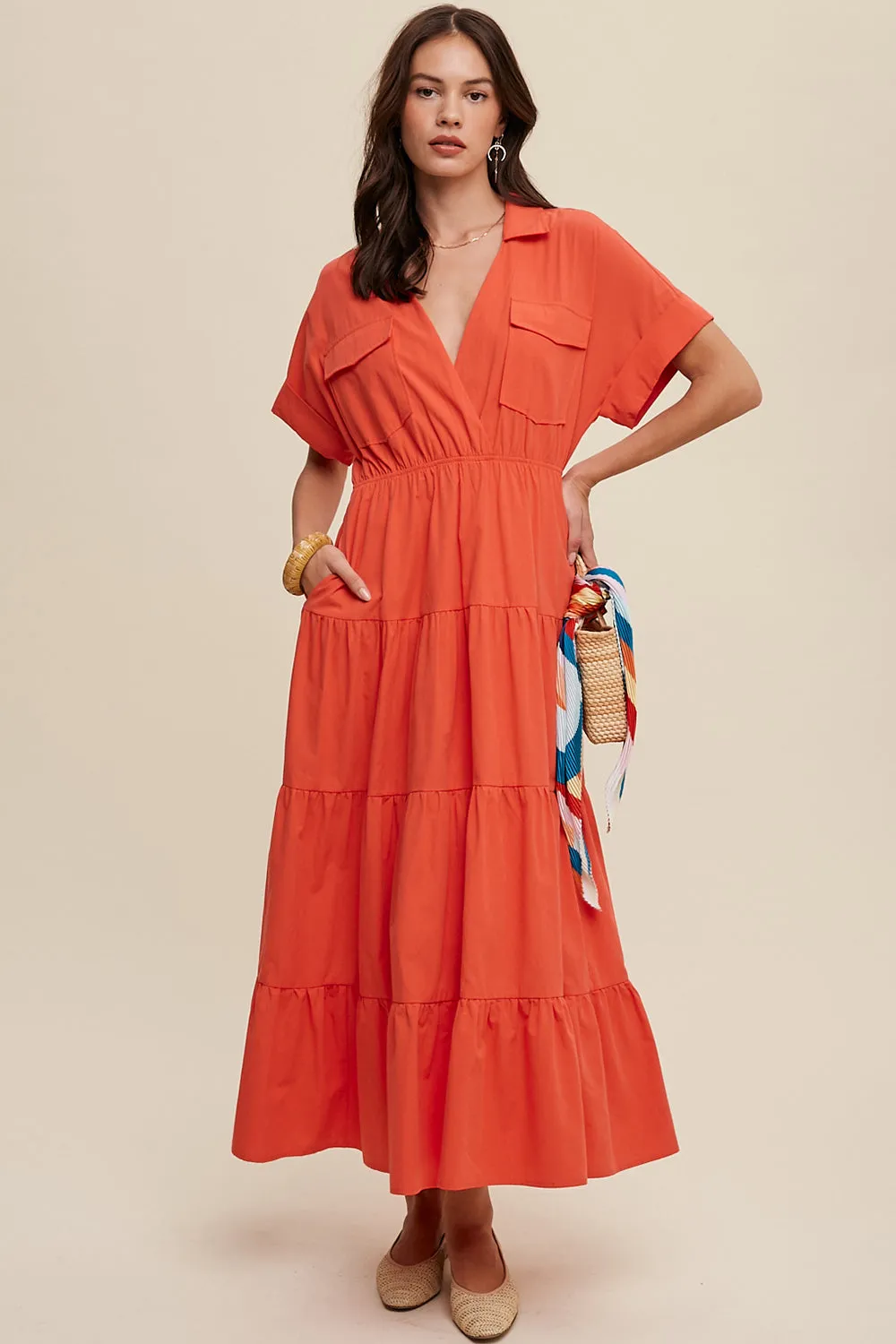 Collared Surplice Neckline Poplin Maxi Dress