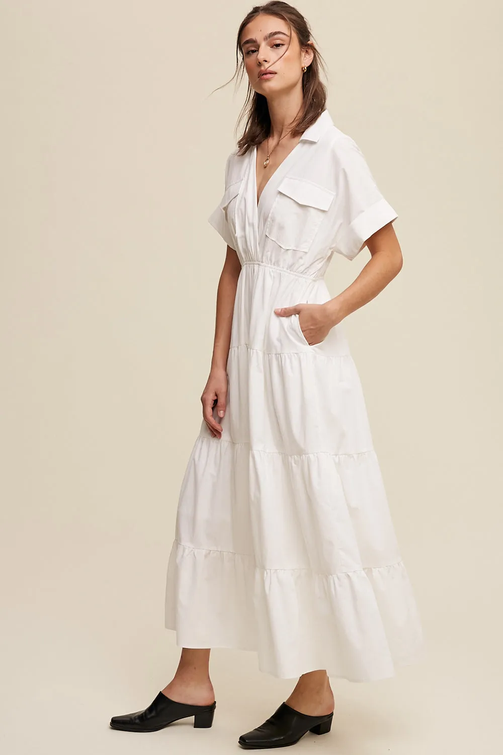 Collared Surplice Neckline Poplin Maxi Dress