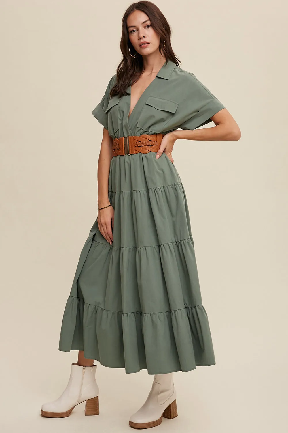 Collared Surplice Neckline Poplin Maxi Dress