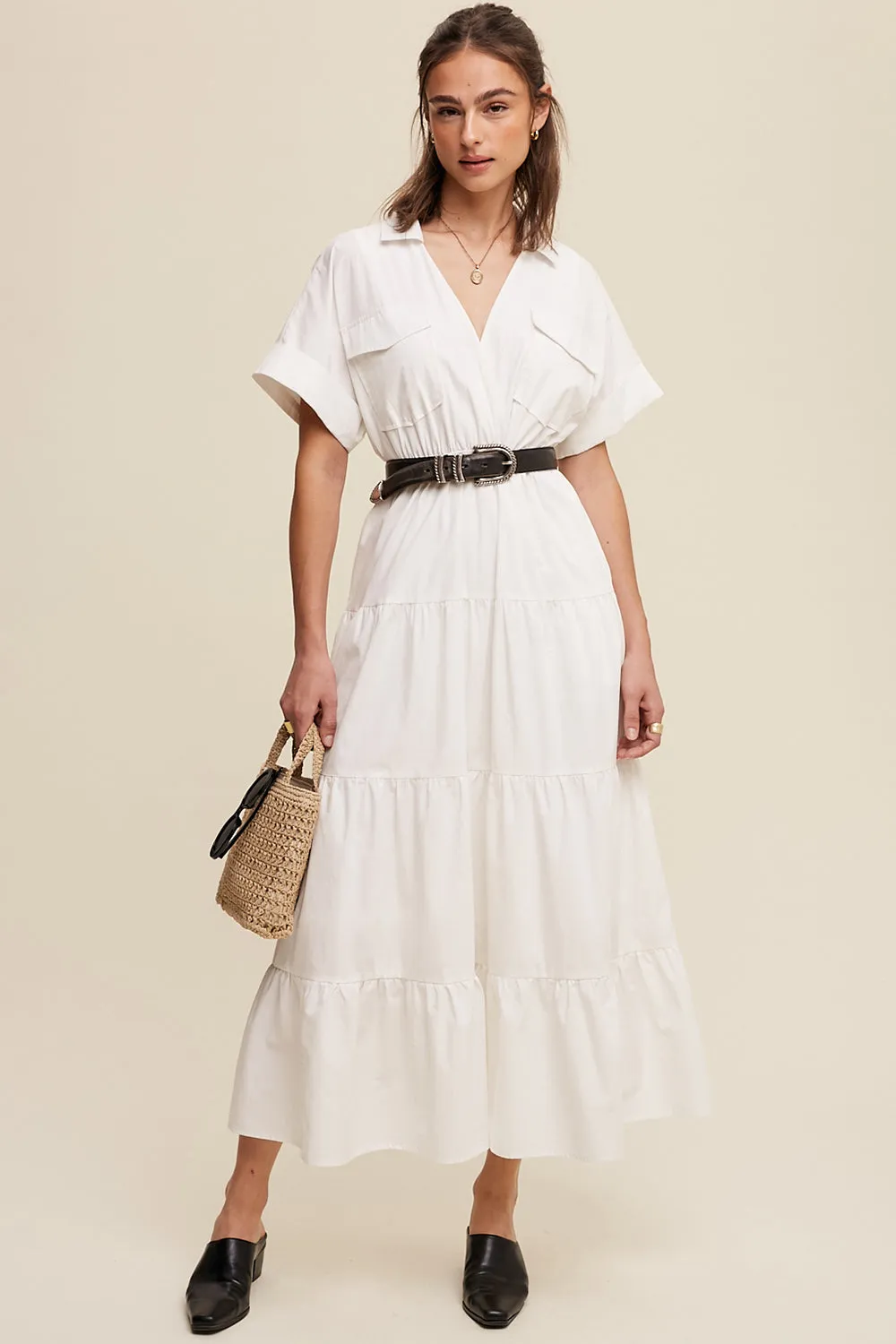 Collared Surplice Neckline Poplin Maxi Dress