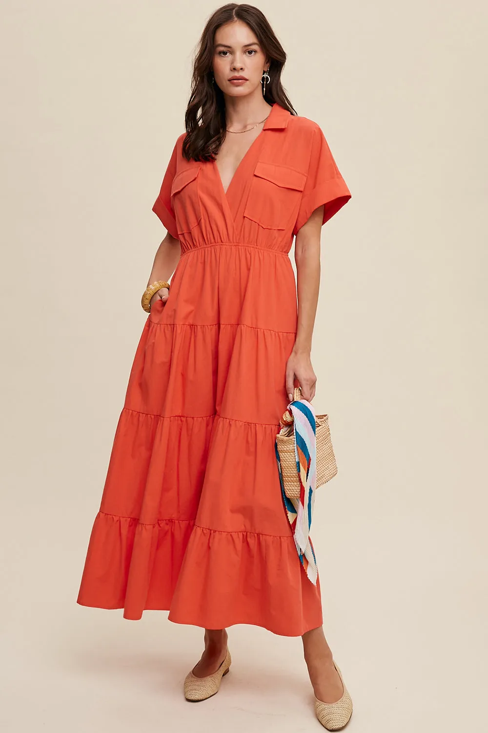 Collared Surplice Neckline Poplin Maxi Dress