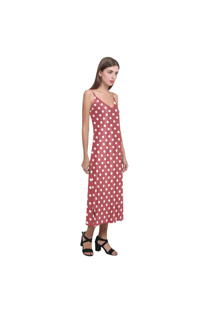 Coral Orange Polka Dot V-Neck Open Fork Long Dress(Model D18)