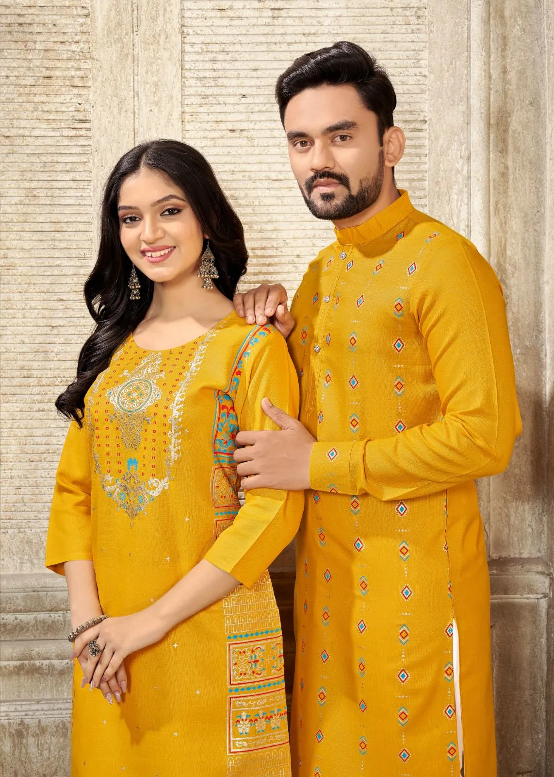 Couple Wear Cotton Traditional Indian Yellow Same Matching Outfits Set