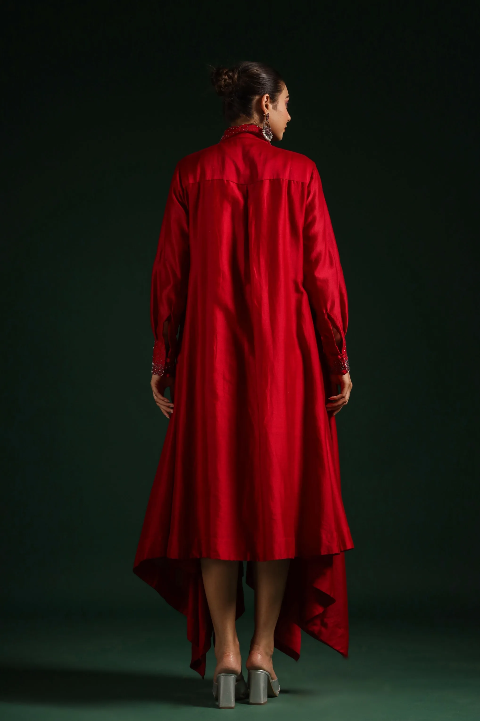 Crimson Red Satin Chanderi Silk Dress