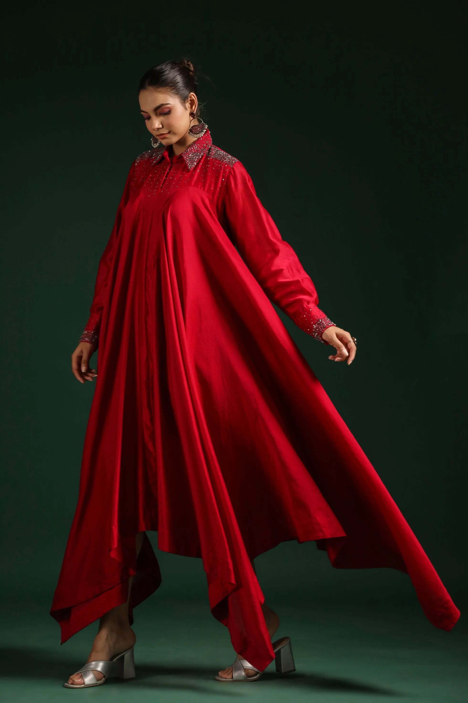 Crimson Red Satin Chanderi Silk Dress