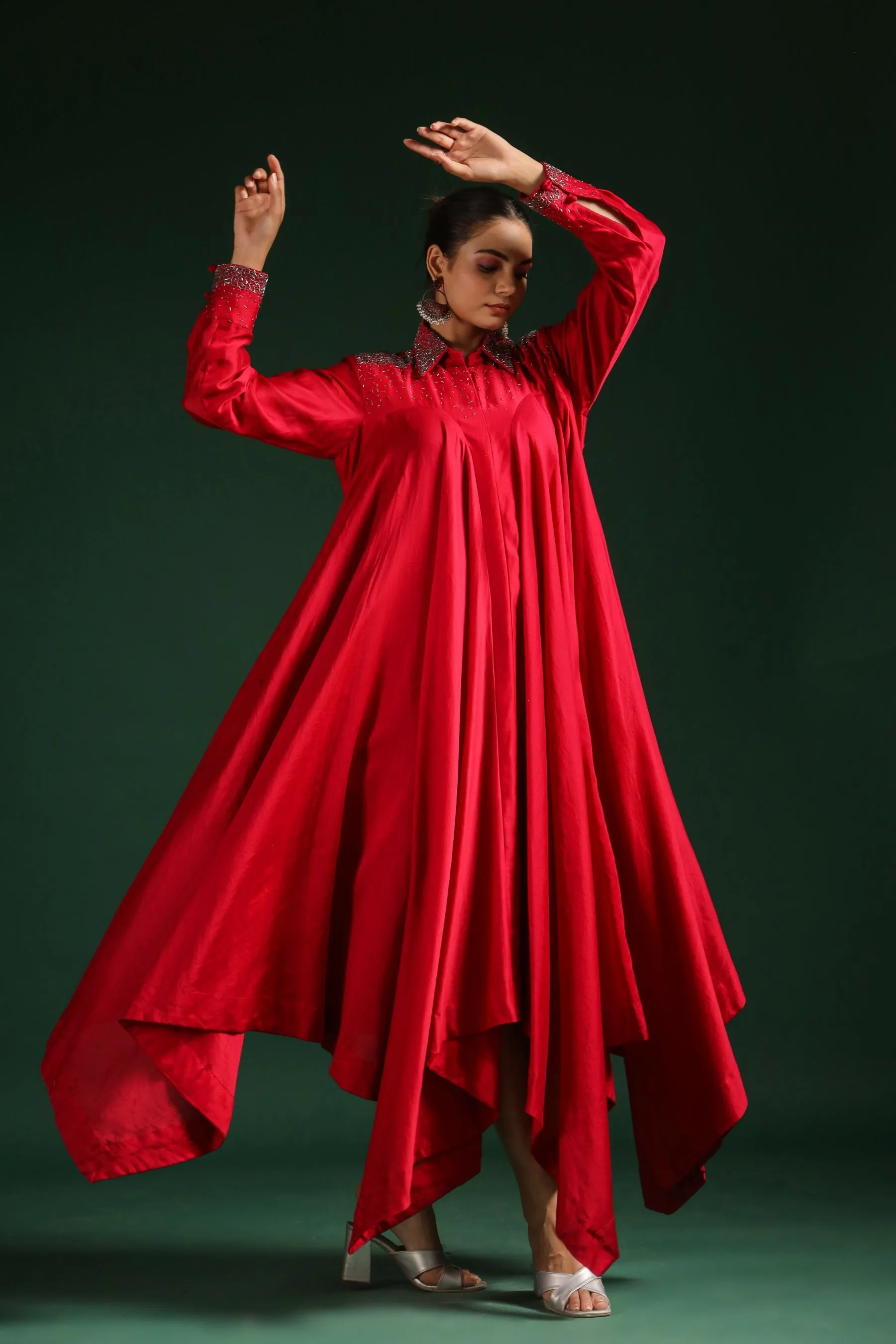 Crimson Red Satin Chanderi Silk Dress