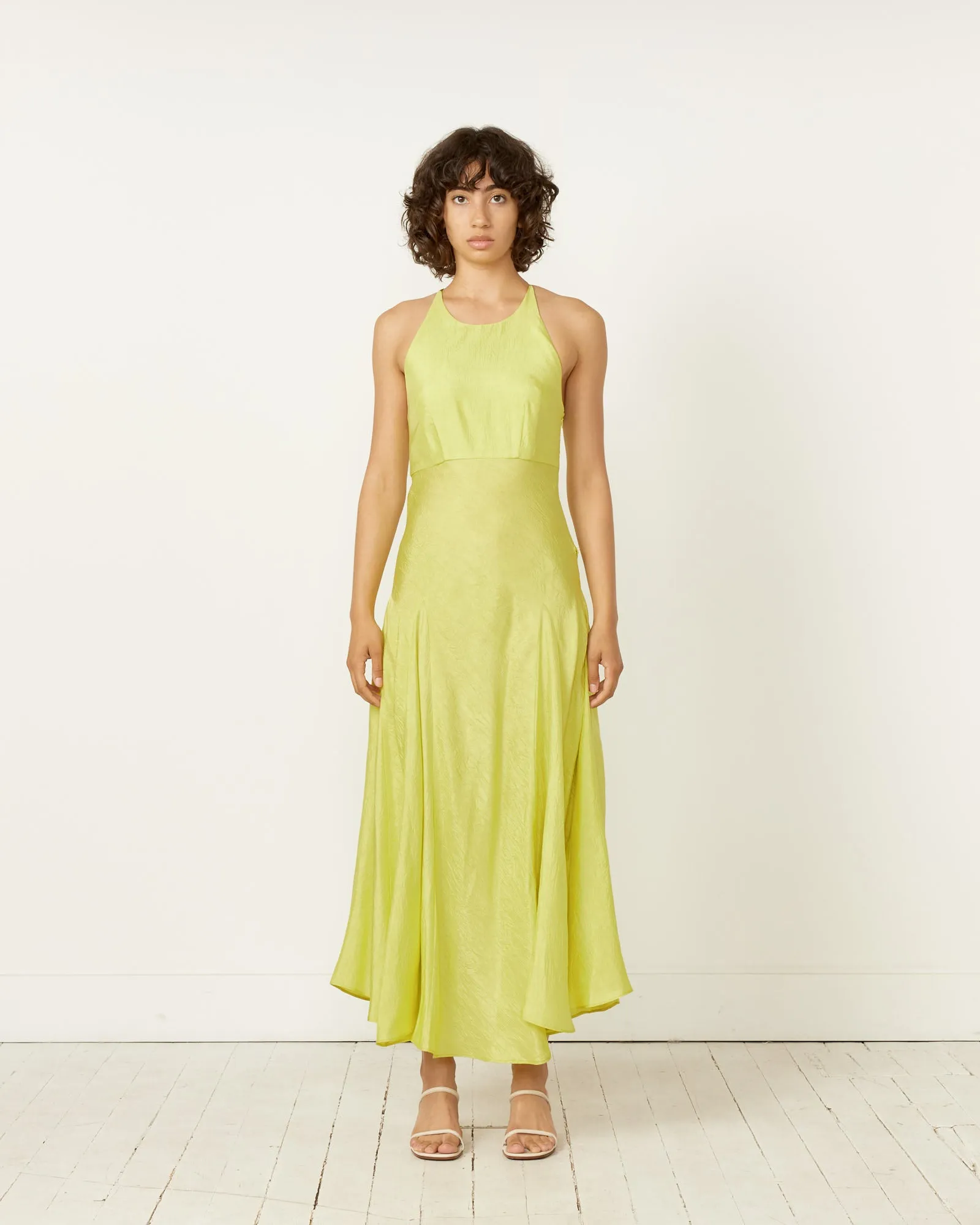 Here’s an optimized title for your e-commerce product:

Acid Green Crinkled Satin Maxi Dress - Stylish Floor-Length Evening Gown