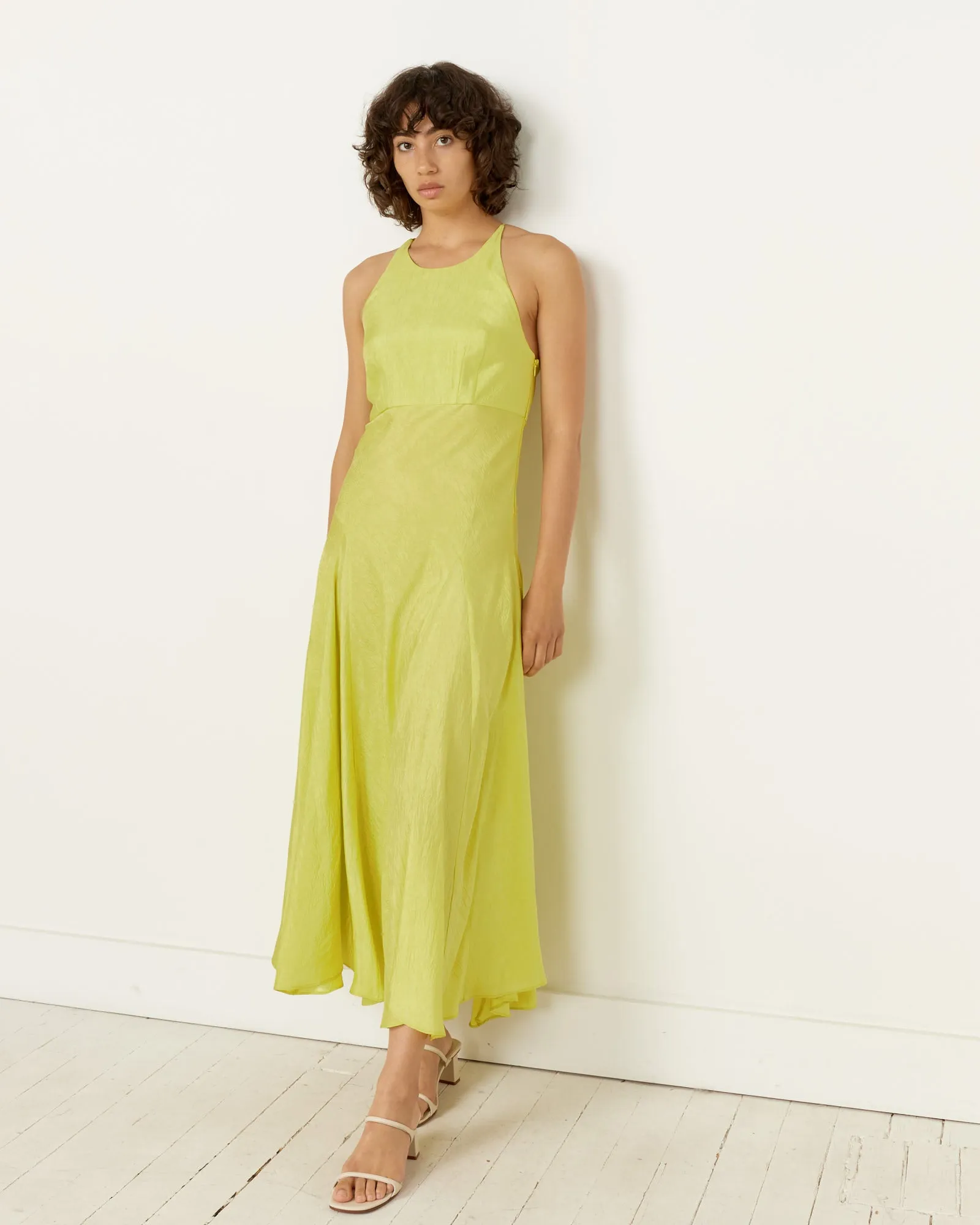 Here’s an optimized title for your e-commerce product:

Acid Green Crinkled Satin Maxi Dress - Stylish Floor-Length Evening Gown