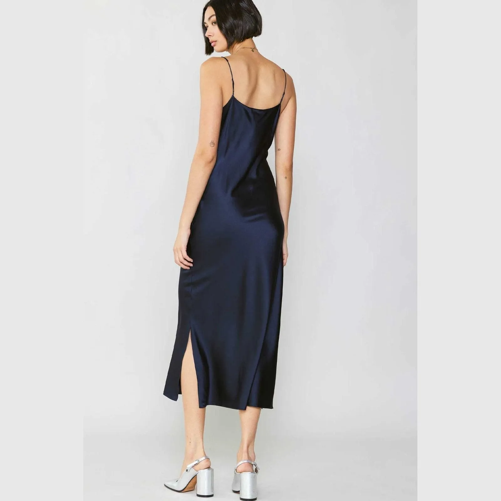 Current Air Silk Bias Strappy Midi Dress in Navy