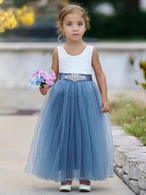 Cute Blue Tulle Sash Flower Girl Dresses Sleeveless Party Dresses for Kids