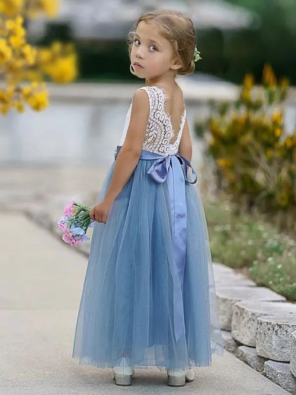 Cute Blue Tulle Sash Flower Girl Dresses Sleeveless Party Dresses for Kids