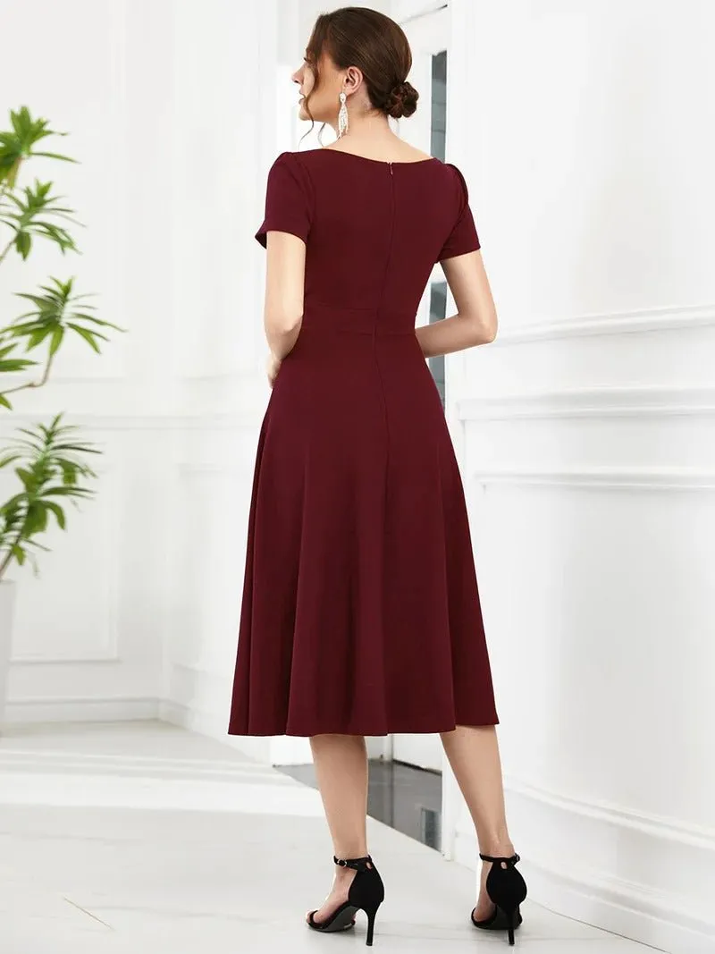 Deep V Neck Knee Length Short Sleeves A Line Evening Dresses