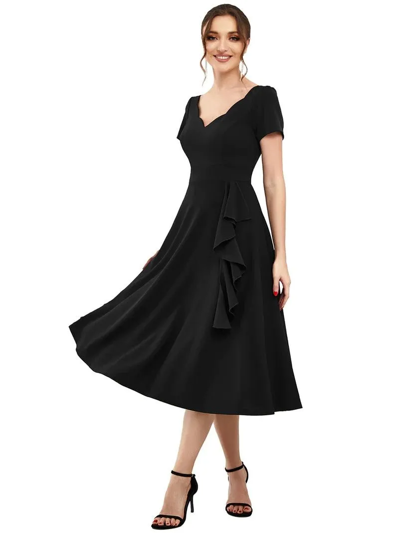 Deep V Neck Knee Length Short Sleeves A Line Evening Dresses