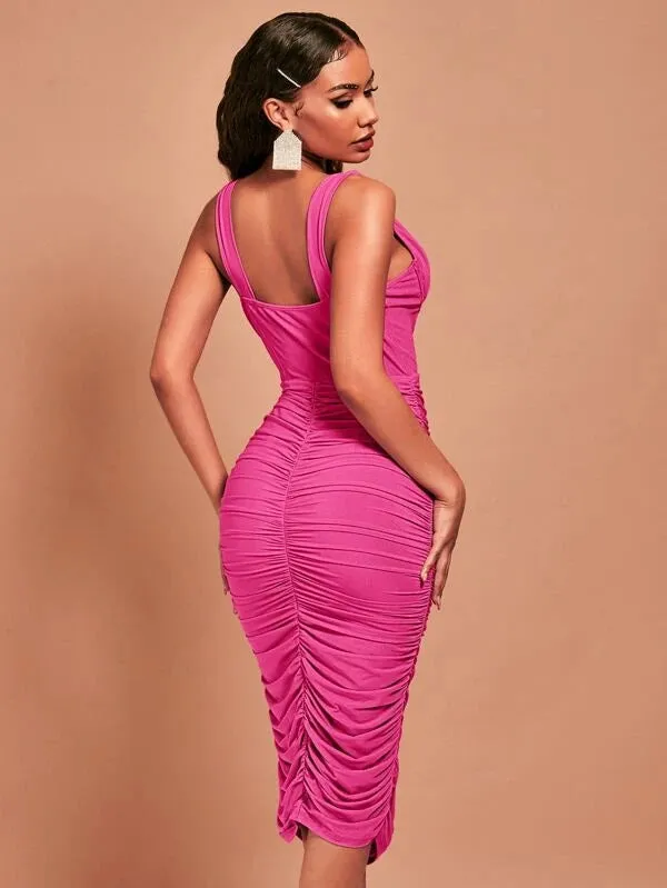 Deep V neck Ruched Sheer Bodycon dress in Pink