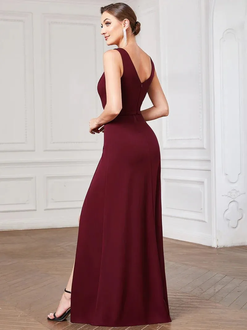 Deep V Neck Sleeveless A Line Evening Dresses with Split