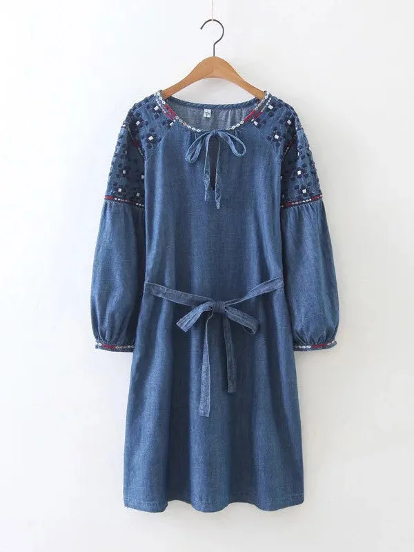 Denim Embroidered Lace-up Dress