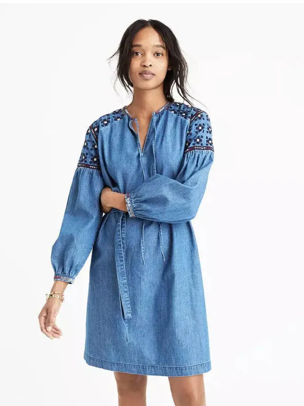 Denim Embroidered Lace-up Dress