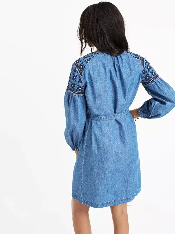 Denim Embroidered Lace-up Dress