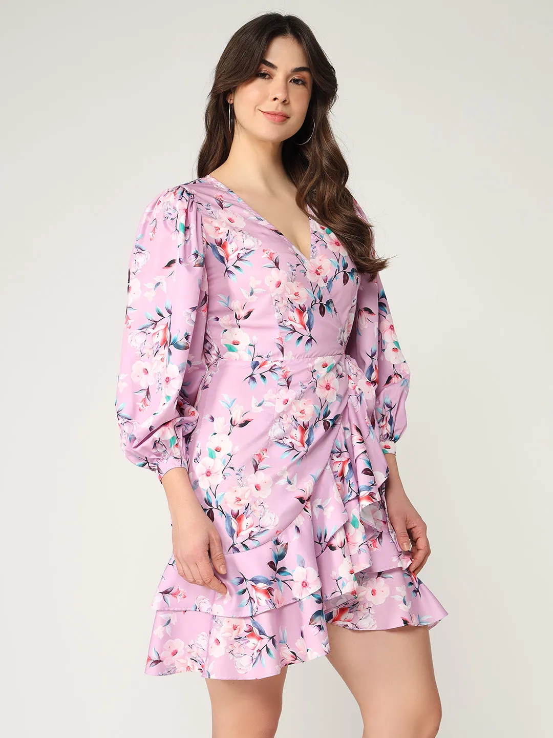 Digital Printed Floral Overlap Dress