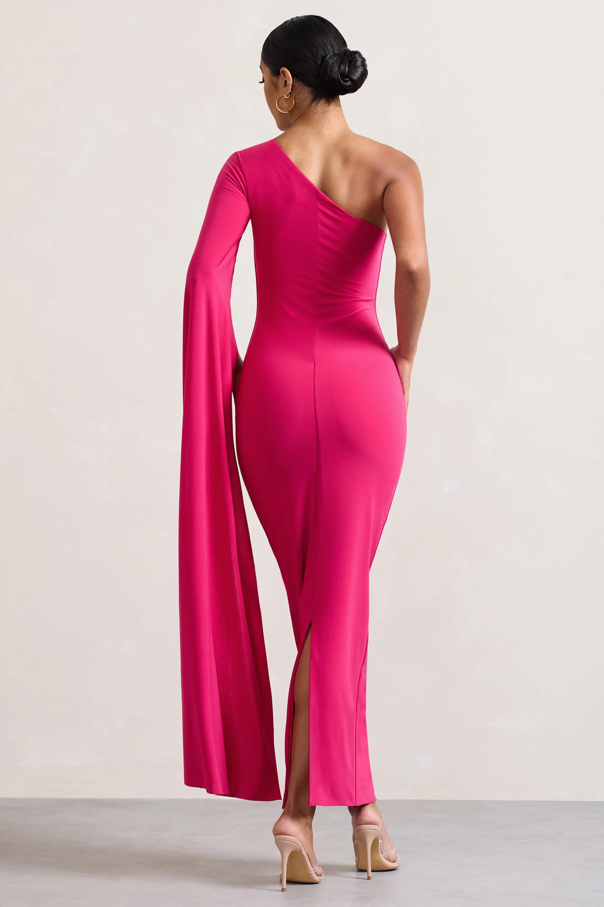 Dominique | Hot Pink One Shoulder Cape Sleeve Bodycon Maxi Dress