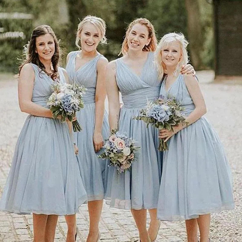 Dusty Blue V Neck Chiffon Short Cheap Ruffles Bridesmaid Dresses Short Prom Dresses