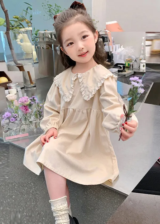 Elegant Beige Peter Pan Collar Solid Cotton Girls Dresses Long Sleeve XZ056