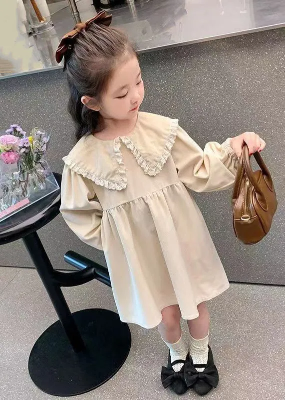 Elegant Beige Peter Pan Collar Solid Cotton Girls Dresses Long Sleeve XZ056