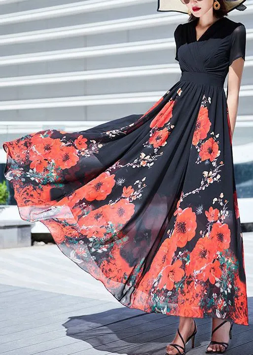 Elegant Black V Neck Print Wrinkled Chiffon Long Dresses Summer AS1002