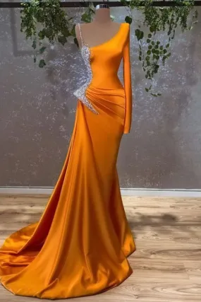 Elegant Burnt Orange Long Sleeves Mermaid Prom Dress Featuring Beads