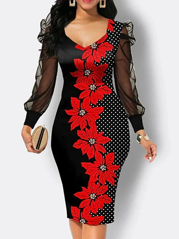 Elegant Floral Black Pink Red Midi Sheath Dress