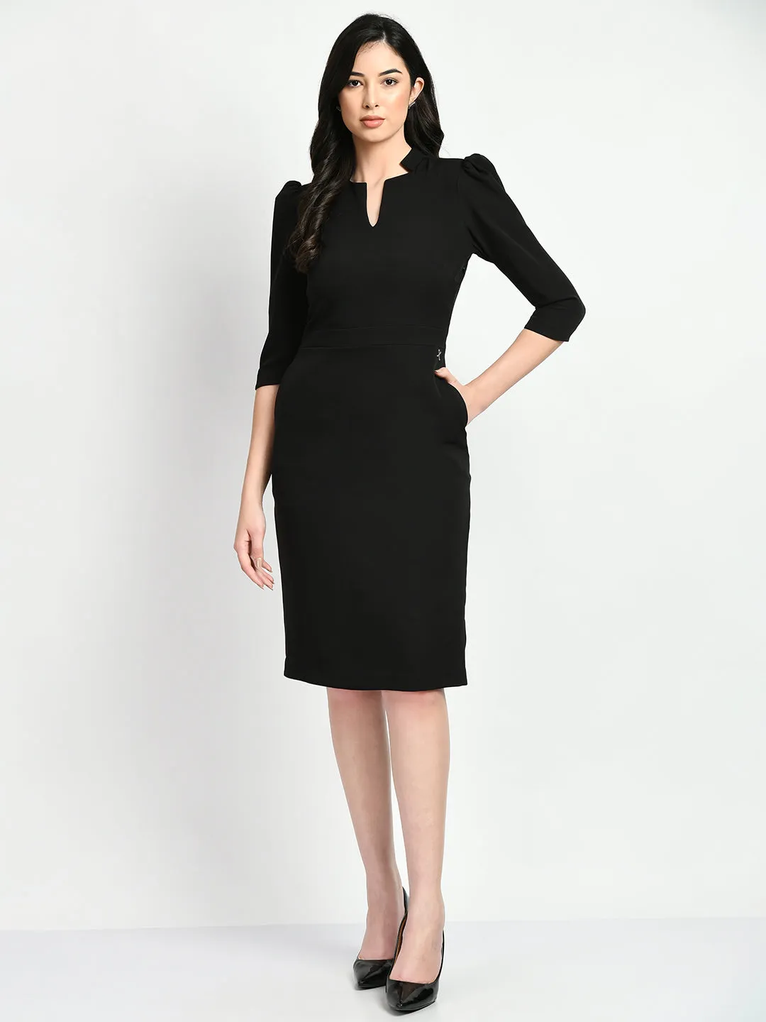 Exude Grace Puff Sleeves Sheath Dress (Black)